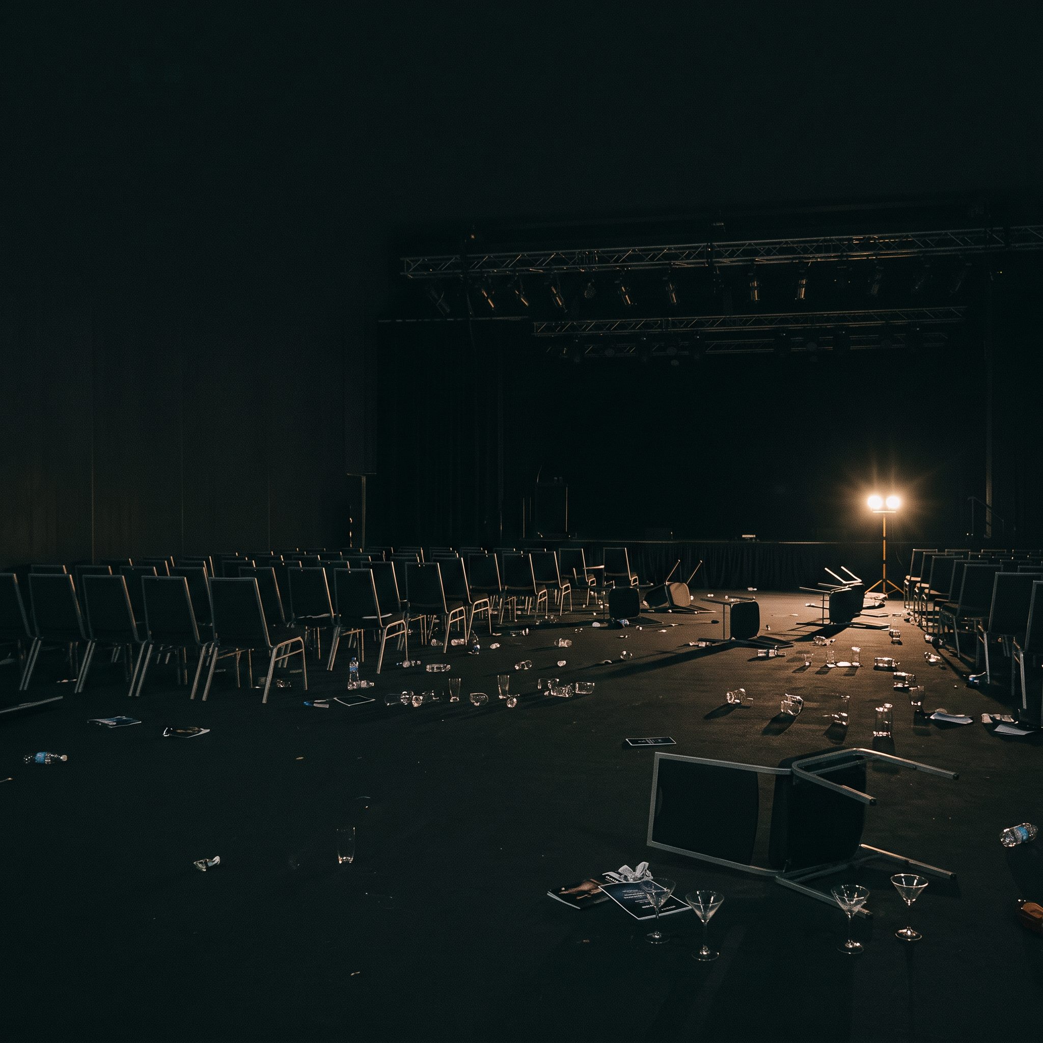 The same kind of hall after an event, chairs pushed out of line, one knocked over, glasses and programmes left on the floor under a single work light
