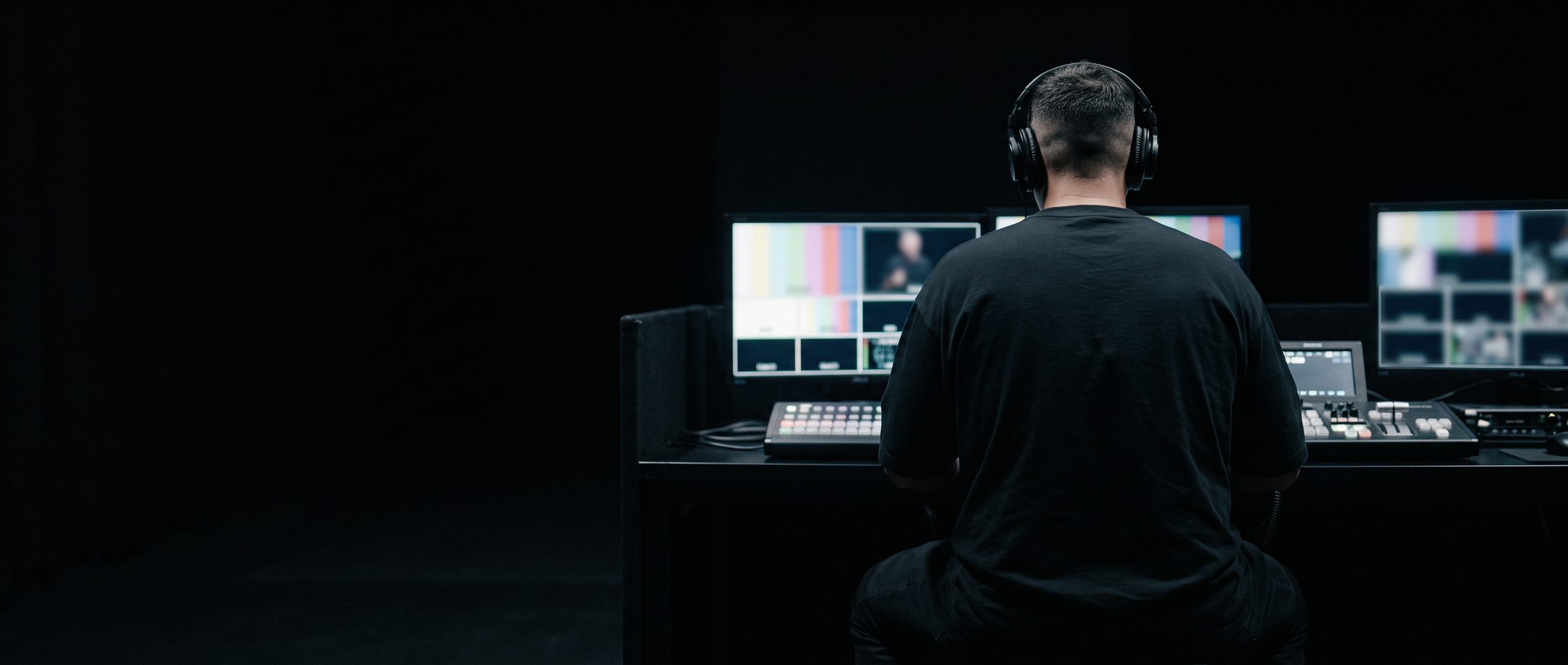 A man wearing headphones seen from behind at a broadcast desk, facing monitors showing colour bars and a live camera feed