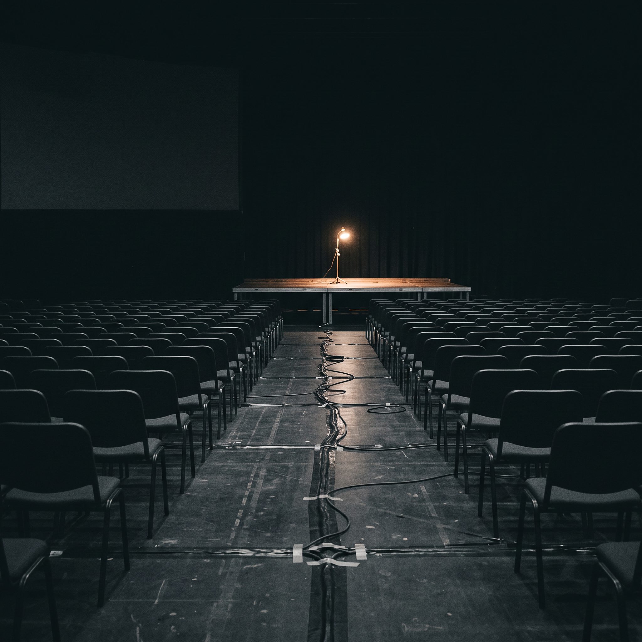Empty auditorium with rows of chairs either side of a taped-down cable run, leading to a table lit by a single lamp